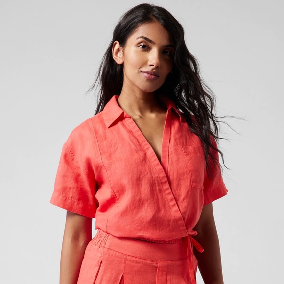 Athleta Tops - ATHLETA Playa Linen Wrap Tie Top NEW Cropped Short Sleeve Coral Summer Vacation